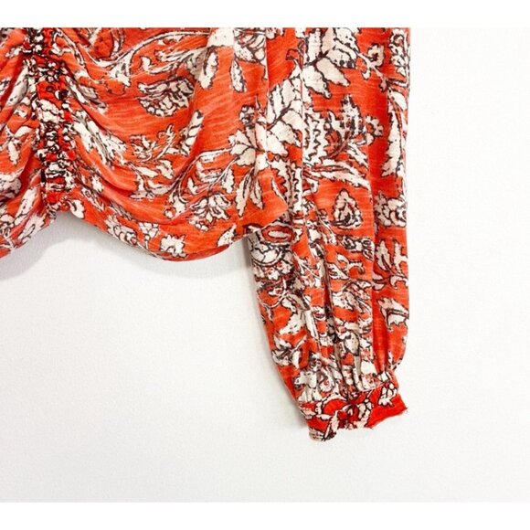 Free People Say the Word Top Sz L Red Floral Combo Peasant Sleeve Cotton Modal - Picture 6 of 9